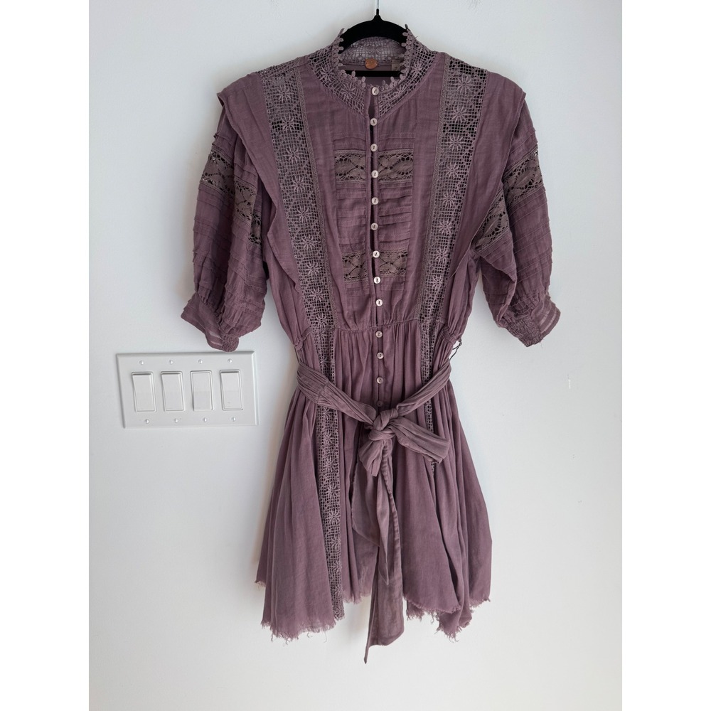 FP One Free People Sydney Lace Cotton Gauze Mini Dress Purple Boho Small Gothic